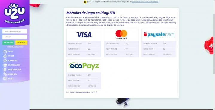 playuzu casino metodos de pago